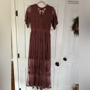 Altar’d state lace embroidered maxi dress size small rose taupe purple NWT